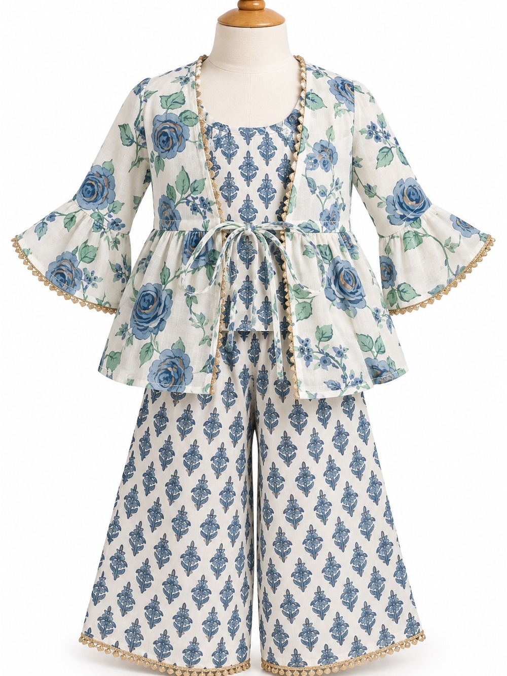 Cute Couture Girls 1-2Y Indian Ethnic 3 Piece Blue Floral Outfit Gold Trim